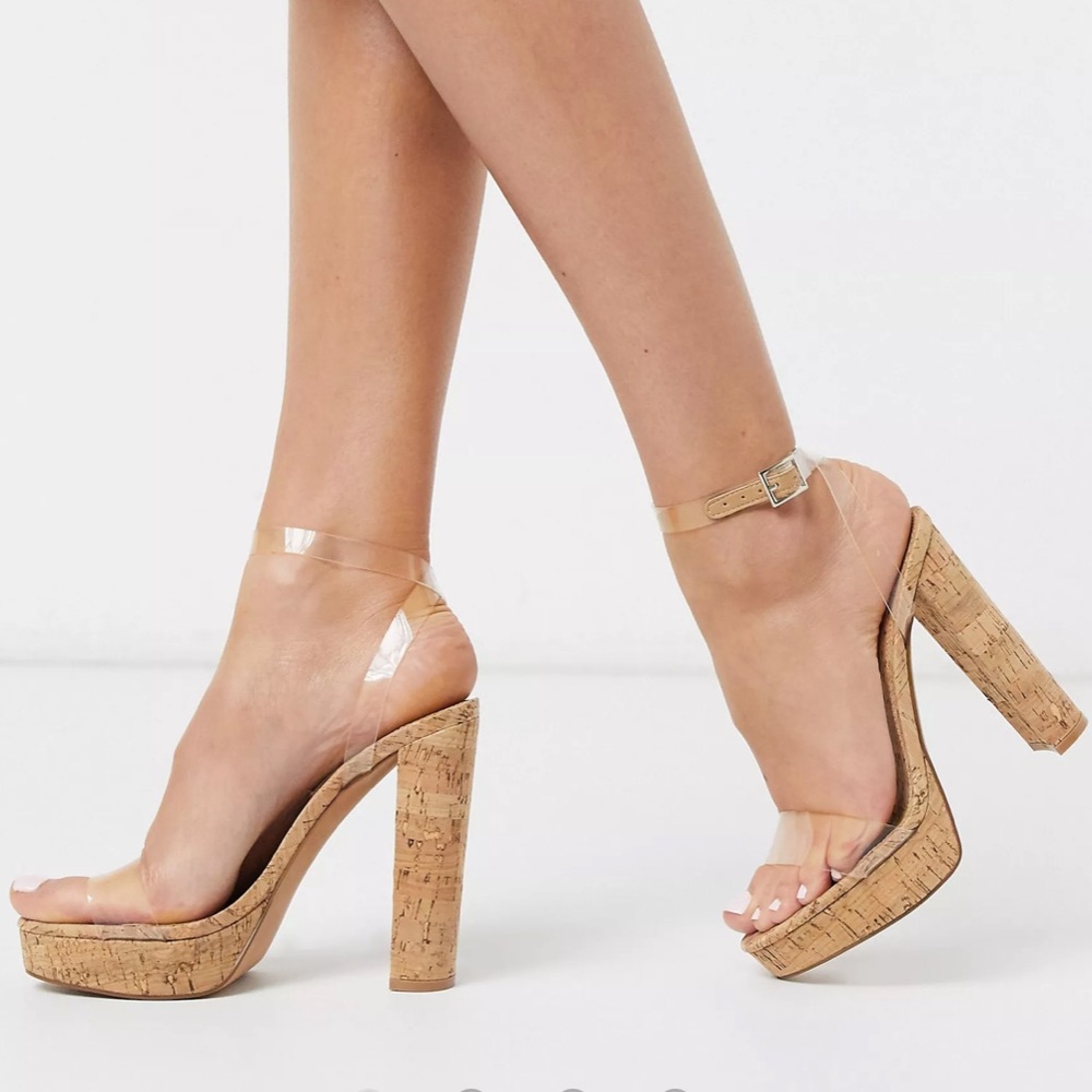 ASOS DESIGN Nutshell clear platform barely there heeled sandals in cork